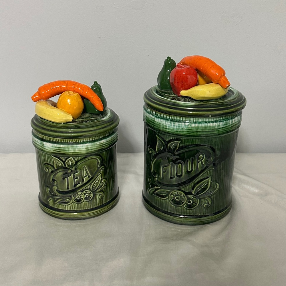 Vintage Fruit Lid Ceramic Canister Avacado Green Tea Flour‎ Jars Good Retro MCM